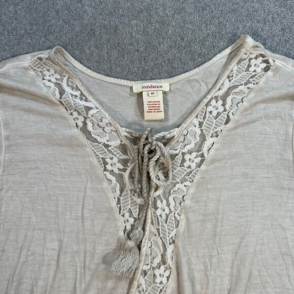 Sundance Faux Wrap Tunic Top Women's Medium Beige Lace Trim Tassel Long Sleeve - Picture 3 of 7
